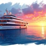 An expansive ocean scene featuring a luxurious offshore casino ship