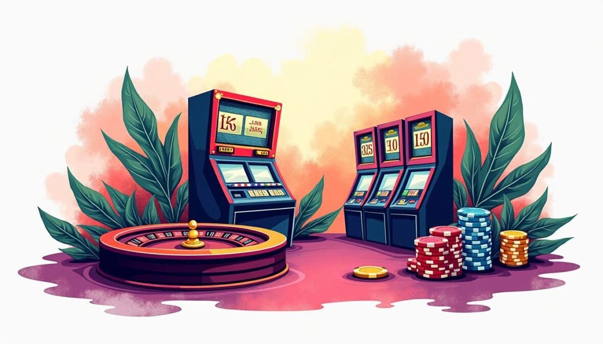 A vibrant casino scene featuring various gaming elements like slot machines