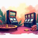 A vibrant casino scene featuring various gaming elements like slot machines