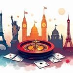 An inviting and vibrant casino scene featuring iconic gaming elements like roulette wheels