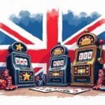 An abstract representation of a casino environment featuring iconic elements like playing cards