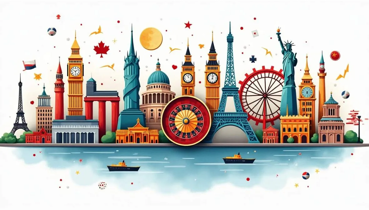 An array of iconic international landmarks and symbols representing various countries