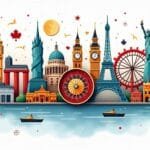 An array of iconic international landmarks and symbols representing various countries