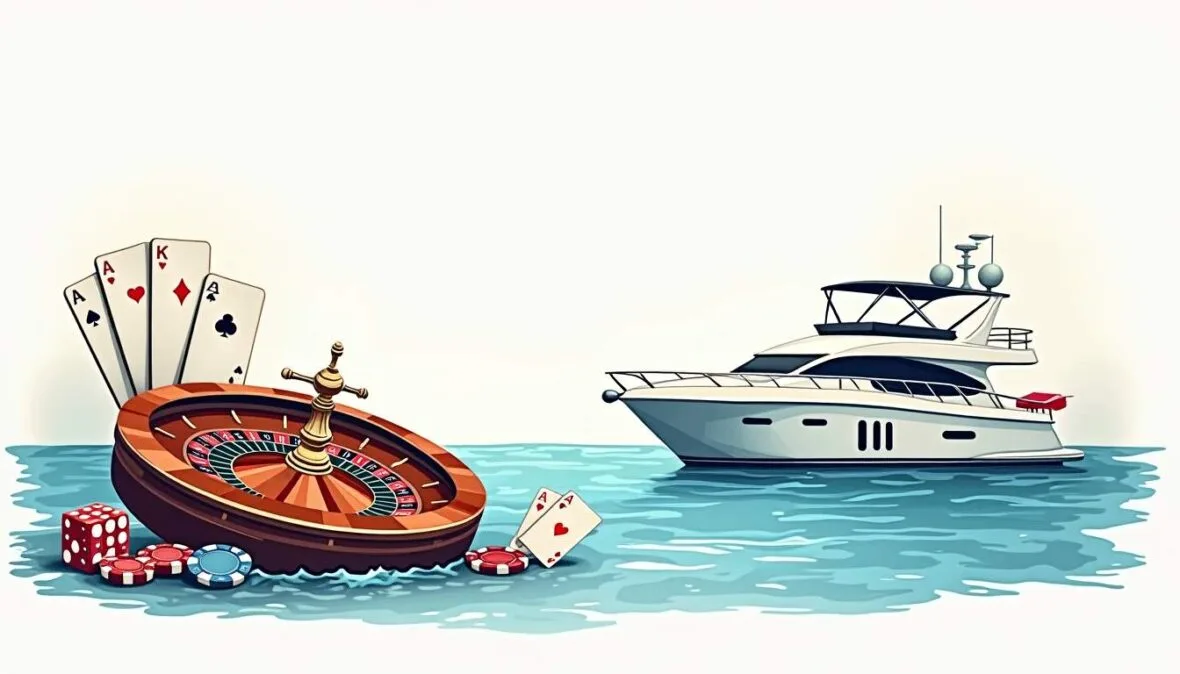 An elegant casino scene featuring iconic offshore symbols such as a roulette wheel