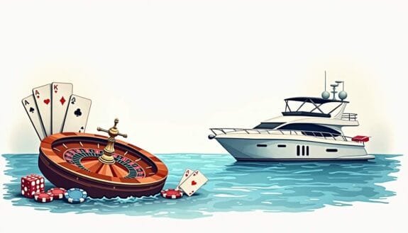 An elegant casino scene featuring iconic offshore symbols such as a roulette wheel