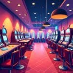 An inviting casino scene featuring a vibrant gaming floor with iconic slot machines