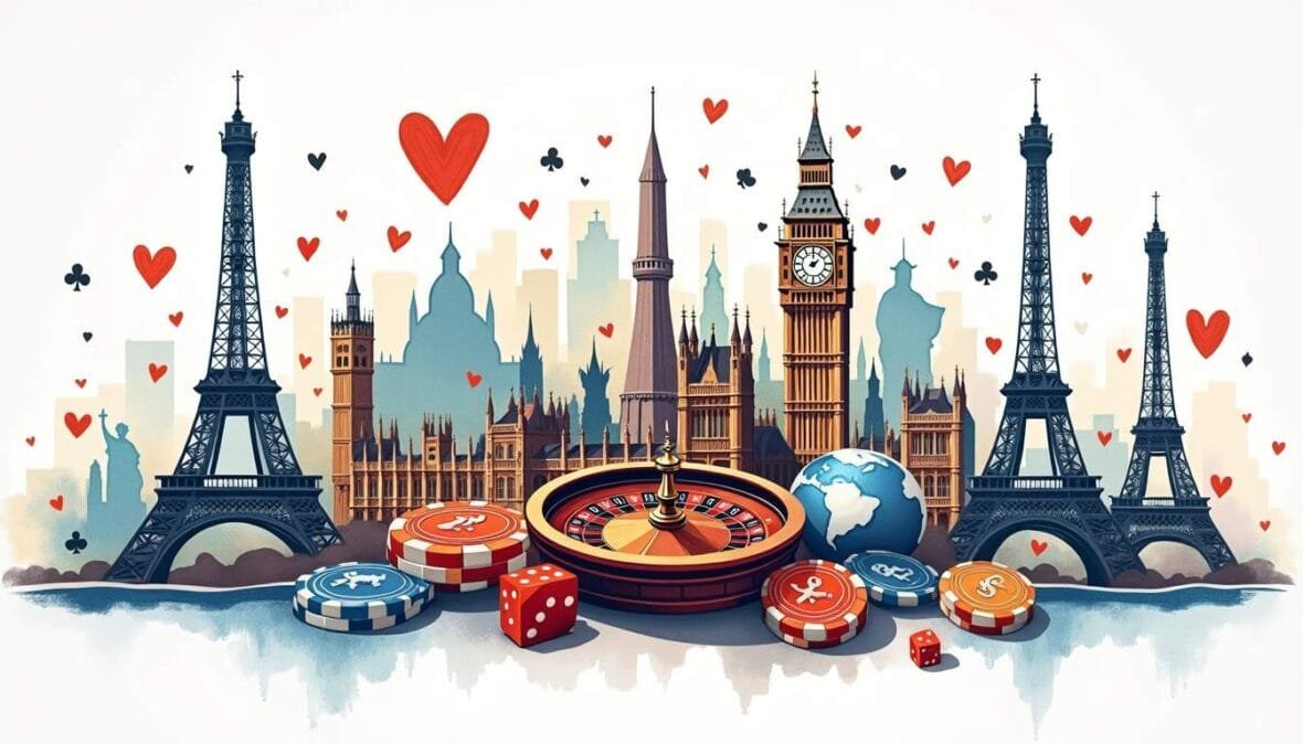 An array of iconic international landmarks and symbols representing various countries