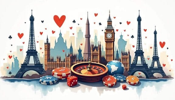 An array of iconic international landmarks and symbols representing various countries