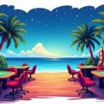 An inviting offshore casino scene featuring a vibrant gaming floor with colorful slot machines