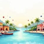 A vibrant tropical landscape featuring iconic elements of curaçao