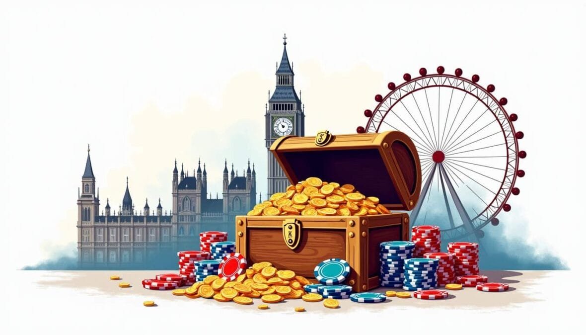 An ornate treasure chest overflowing with colorful casino chips