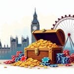 An ornate treasure chest overflowing with colorful casino chips