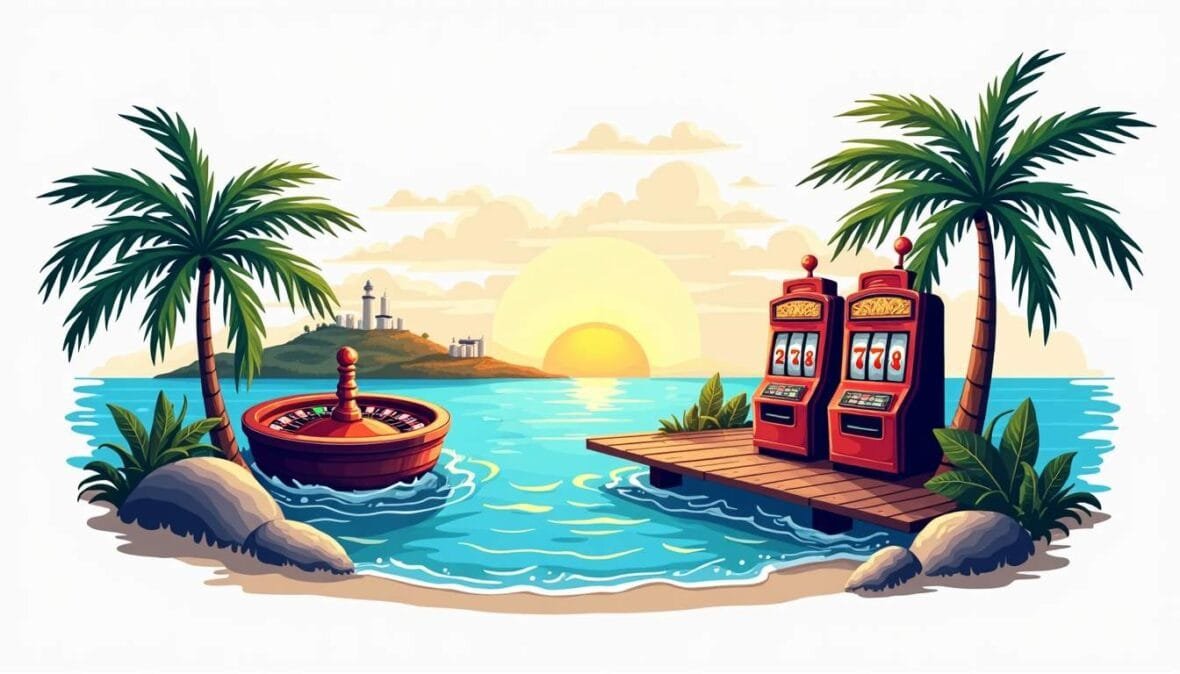 An inviting offshore casino scene featuring vibrant slot machines
