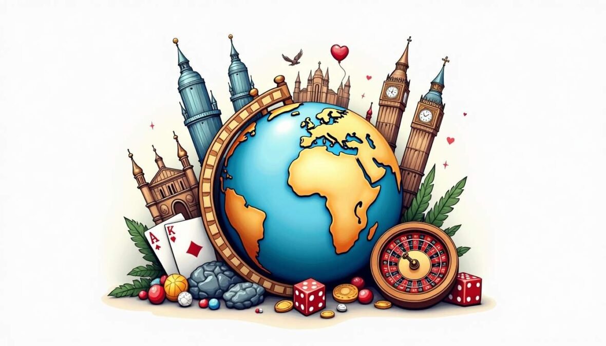 An ornate globe surrounded by iconic landmarks and symbols representing various international gaming destinations