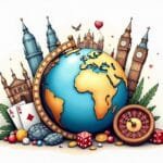 An ornate globe surrounded by iconic landmarks and symbols representing various international gaming destinations