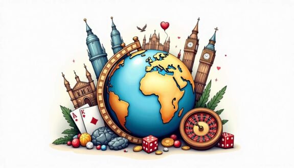 An ornate globe surrounded by iconic landmarks and symbols representing various international gaming destinations