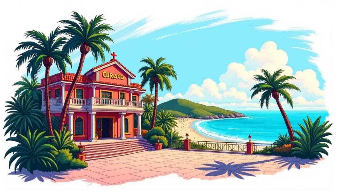 A vibrant scene showcasing the exterior of a luxurious casino in curacao