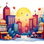 An imaginative landscape featuring various iconic symbols of gambling