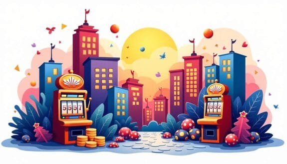 An imaginative landscape featuring various iconic symbols of gambling