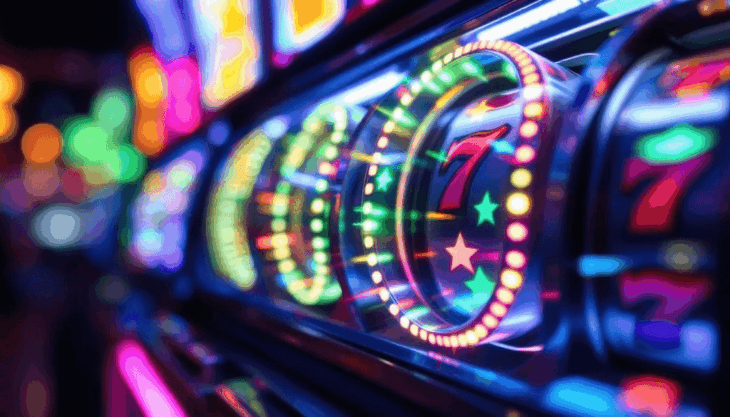 The image features a vibrant slot machine display with colorful spinning reels and dazzling lights, creating an exciting atmosphere typical of usa casinos. This captivating scene reflects the allure of online slots and casino games that attract players, including those from the UK looking for the best usa online casinos.